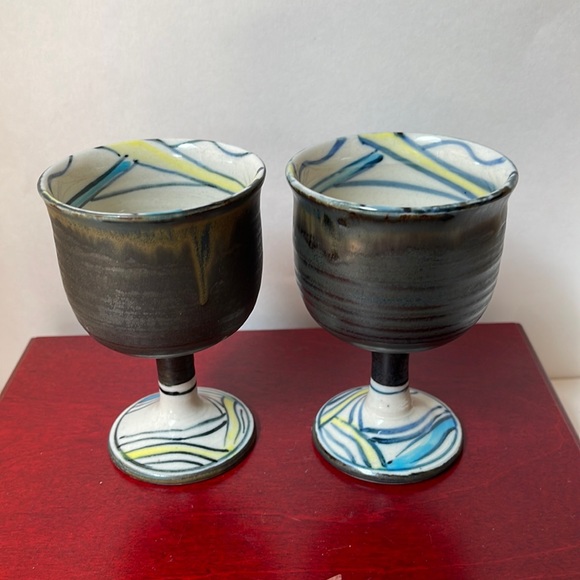 Art pottery chalice wine goblet set hand painted and stamped